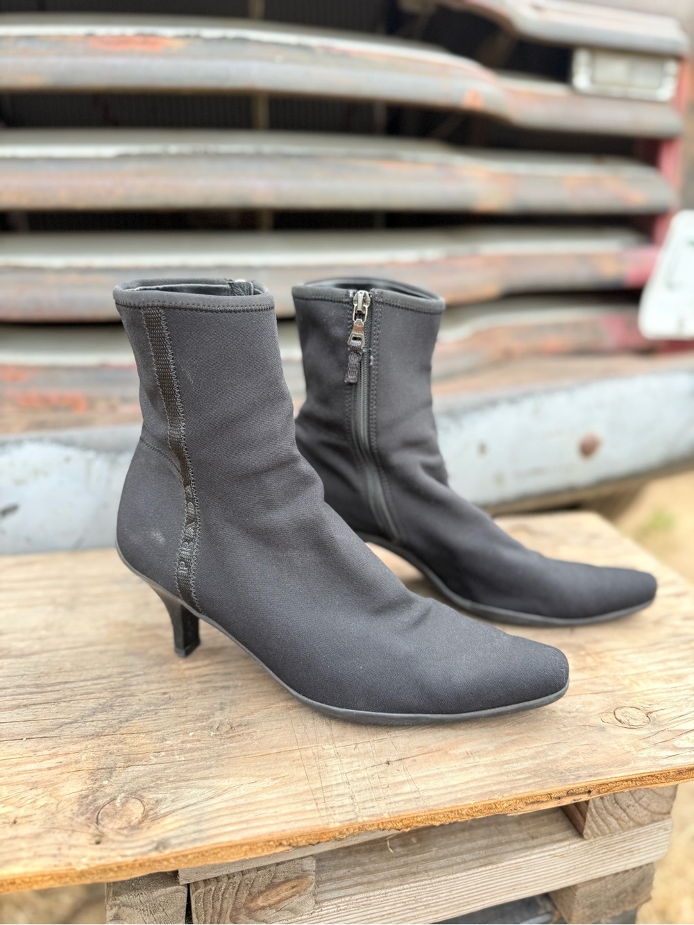 Prada Vintage Black Nylon Ankle Boots Heeled Booties Size 38.5